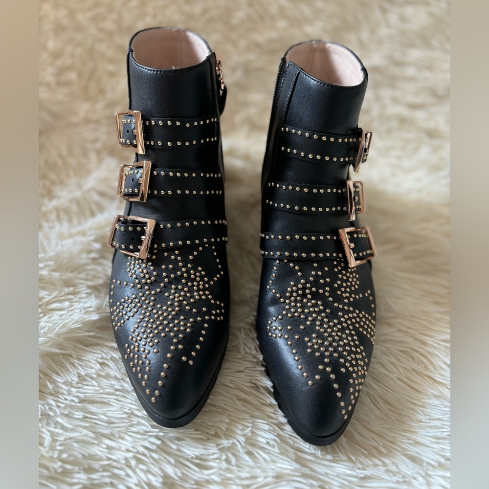 Gold studded black ankle boots - size 7.5